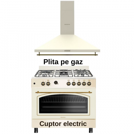 Hote Decorative - Pachet Aragaz Studio Casa, FE90/60 El Avena Rustic, 90 cm, Cuptor electric, 4 arzatoare gaz, din care unul Wok + Hota decorativa cu design rustic Tosca Turbo