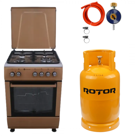 Aragaz pe gaz ( GPL ) - Pachet Aragaz Studio Casa Peony Cappuccino Cream 4G, Cuptor gaz, 3 arzatoare gaz +1 Wok, Grill electric, gratare fonta, Aprindere electrica+ Butelie GPL 26L, Ceas Regulator, Furtun 2m și 2 Coliere