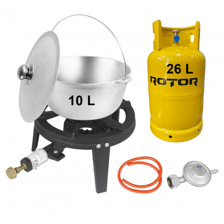 Pirostrii, arzatoare - Pachet, Arzator/Pirostrie Elefant GB-22, 1 Inel Gaz Propan-Butan, GPL, Putere 6.5kW + Butelie GPL 26L + Ceaun tuci aluminiu alimentar, capacitate 15 litri BRIZOLL