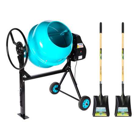 Betoniere - Pachet - Betoniera Detoolz 180L, 1000W, cu roti si coroana de fonta + 2 Lopeti cu coada din lemn 1500mm