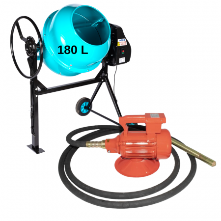 Betoniere - Pachet - Betoniera Detoolz 180L, 1000W, cu roti si coroana de fonta + Vibrator beton DRK, Model ZN-90, lance 49mm, lungime 6m