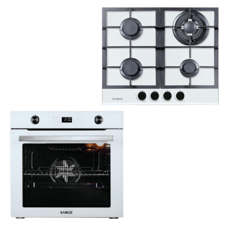Electronice & Electrocasnice - Pachet Bucătărie Samus Alb: Plita Incorporabila PSG-64SG3 4 Arzătoare Gaz, Sticlă Albă, Fonta + Cuptor Electric SC626WGD9 9 Funcții, Convectie 3D, Grill, Pizza, Display Digital, 2800W