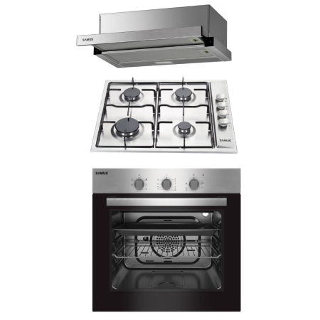 Electronice & Electrocasnice - Pachet Bucătărie Samus: Cuptor 56L, 5 funcții, ventilat + Hotă telescopică 60 cm + Plită gaz 4 arzătoare inox