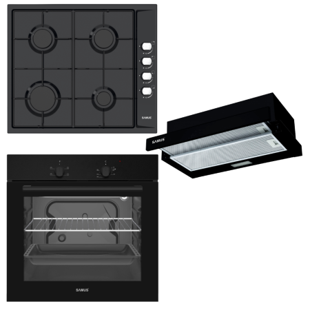Electronice & Electrocasnice - Pachet Bucătărie Samus: Cuptor Incorporabil SC620G4B 62L, 4 Funcții, Grill + Plita Incorporabila PSG-64SB 4 Arzătoare Gaz, Aprindere Electrică + Hota Telescopica HS6030TB 60 cm, 300 m³/h, Negru
