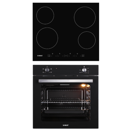 Pachete electrocasnice incorporabile - Pachet Bucătărie Samus: Cuptor Incorporabil SC621G4 81L, 4 Funcții, Ventilator, Indicator Gatire + Plita Vitroceramica PSVE-64BG3, 4 Arzătoare, Touch Control, Timer Digital, Blocare Copii, Negru