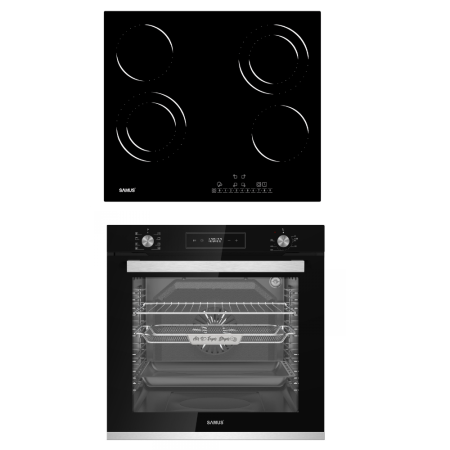 Electronice & Electrocasnice - Pachet Bucătărie Samus: Cuptor Incorporabil SCE828GCF3D 80L, 8 Funcții, Convectie 3D, AirFry, Curățare Catalitică + Plita Vitroceramica PSVE-64BG6 4 Zone, Touch Control, 5800W, Negru