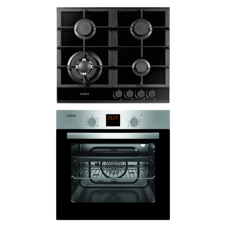 Electronice & Electrocasnice - Pachet Bucătărie Samus: Plită gaz PSG-64SG1 sticlă 4 arzătoare WOK + Cuptor SC617EXV 56L, 7 funcții, ventilat, LCD