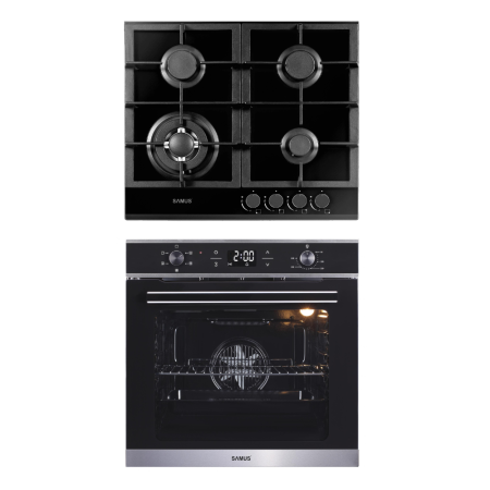 Electronice & Electrocasnice - Pachet Bucătărie Samus: Plită gaz WOK sticlă, aprindere electrică + Cuptor electric încorporabil 75L, 5 funcții, ventilator