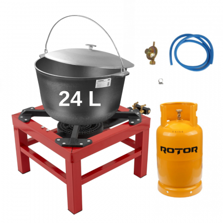 Seturi oale - Pachet - Ceaun tuci aluminiu alimentar cu capac, capacitate 24 litri + Arzator/Pirostrie cu 2 inele, R02, gaz, propan-butan + Butelie GPL 26L - Elefant Premium