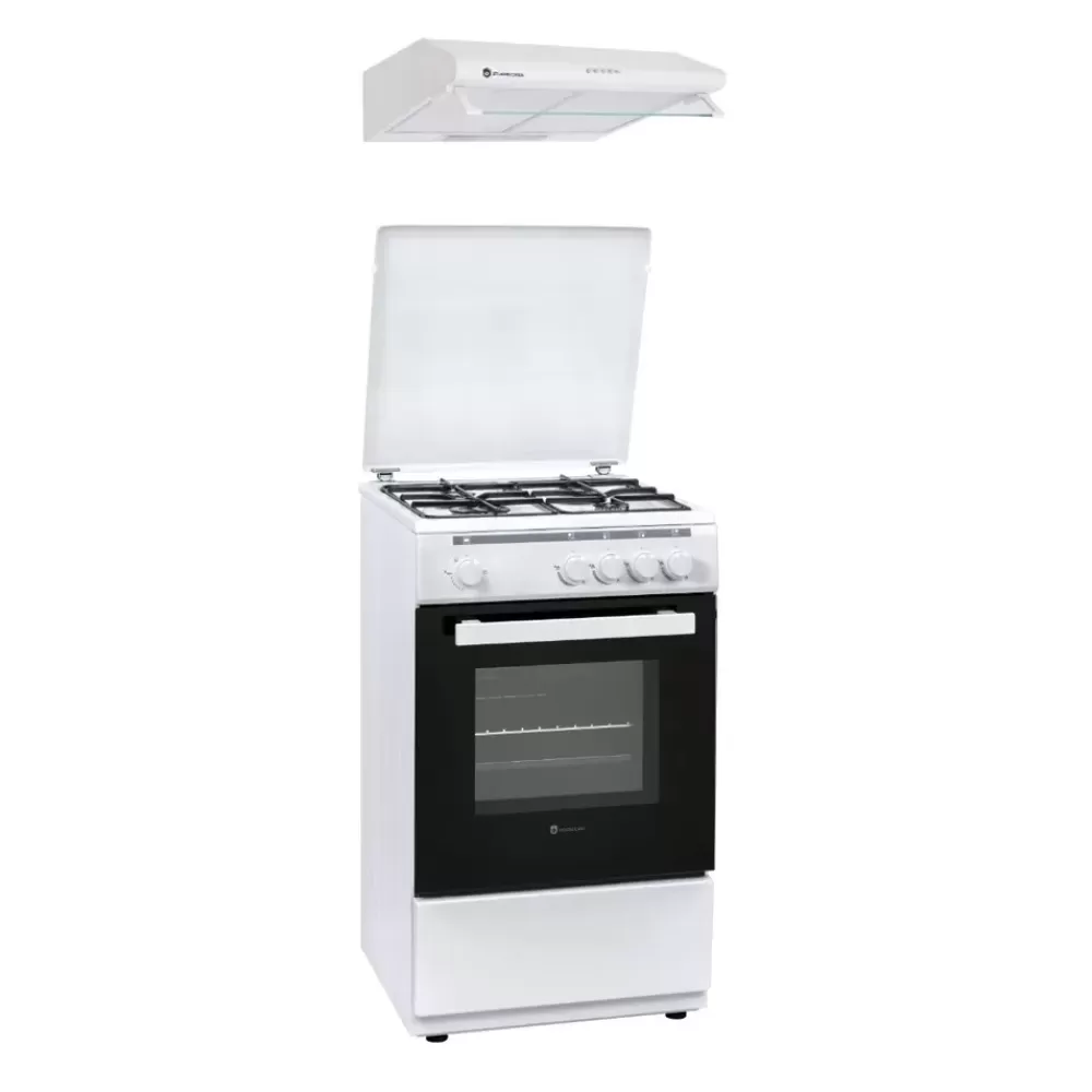 Aragazuri si plite - Pachet clasic aragaz si hota Alfa Arno Studio Casa, 50/50 cm, 4 arzatoare gaz, cuptor gaz, 2 motoare Alb