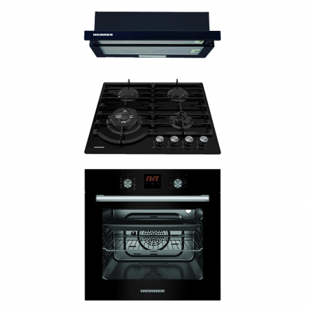 Aragazuri si plite - Pachet - Cuptor incorporabil Heinner HBO-S569LDTGC-GBK, Electric, 56 l, 9 Functii + Hota incorporabila putere de absorbtie 325 mc/h + Plita Gaz, 4 arzatoare, Gratar fonta, Wok