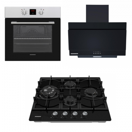 BUCATARIE - Pachet - Cuptor Incorporabil HEINNER HBO-V659GCD-IX, Digital, 70 L, 9 funcții + Plită Incorporabilă HEINNER HBH-M452IWFGBK + Hota Decorativă HEINNER DCH-350RGBK, absorbție 276.6 m³/h, 60 cm