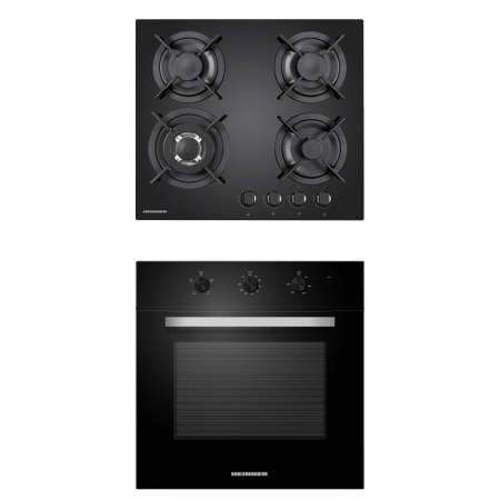 Pachete electrocasnice incorporabile - Pachet - Cuptor incorporabil Heinner HBO-V659GCDRC-GBK, 69 l, 9 functii, Multifunctional, Grill, Ventilatie, Timer, Display touch + Plita incorporabila Heinner HBH-V4IWFGBK, Gaz, 4 arzatoare, Arzator