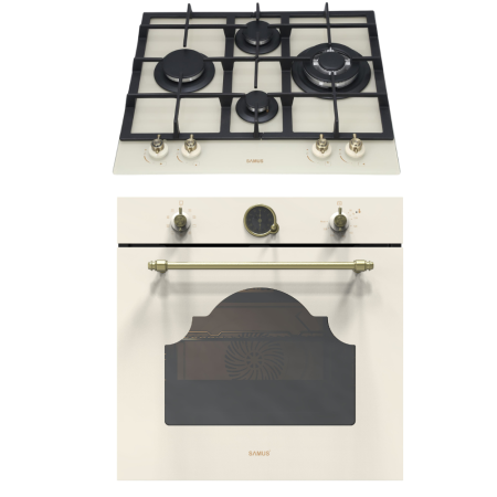 Electronice & Electrocasnice - Pachet - Cuptor Incorporabil Rustic Samus SC630VTA9 Beige, 74 L, 9 Functii, Autocuratare Catalitica, Clasa A + Plita Gaz Samus PSG-64VG1, 58 cm, 4 Arzatoare, Sticla Bej
