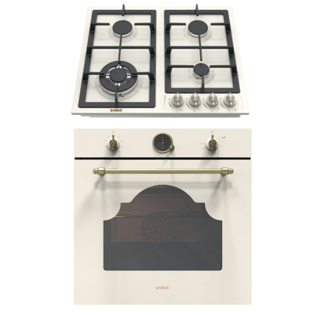 Electronice & Electrocasnice - Pachet - Cuptor Incorporabil Rustic Samus SC630VTA9 Beige, 74 L, 9 Functii, Autocuratare Catalitica, Clasa A + Plita Gaz Samus PSG-64VS2, 58 cm, 4 Arzatoare, WOK, Gratare Fonta, Bej