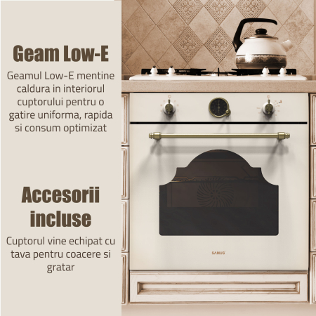Pachet - Cuptor Incorporabil Rustic Samus SC630VTA9 Beige, 74 L, 9 Functii, Autocuratare Catalitica, Clasa A + Plita Gaz Samus PSG-64VS3, 58 cm, 4 Arzatoare, WOK, Bej [11]