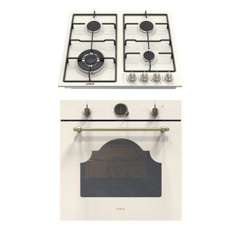 Electronice & Electrocasnice - Pachet - Cuptor Incorporabil Rustic Samus SC630VTA9 Beige, 74 L, 9 Functii, Autocuratare Catalitica, Clasa A + Plita Gaz Samus PSG-64VS3, 58 cm, 4 Arzatoare, WOK, Bej