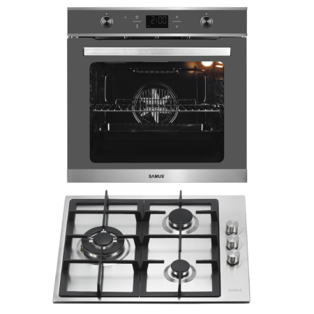 Electronice & Electrocasnice - Pachet Cuptor Încorporabil Samus 75L, 9 Funcții, Convectie 3D, Grill + Plită Gaz 3 Arzătoare Wok, Aprindere Electrică, Inox