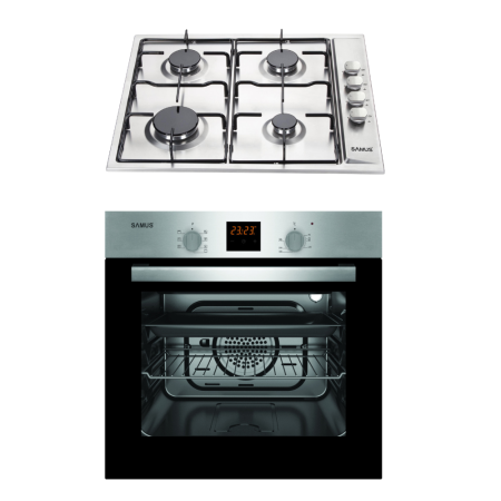 Electronice & Electrocasnice - Pachet Cuptor incorporabil Samus SC617EXV + Plită gaz Samus PSG-64SX, 56L, 7 funcții, Grill 2000W, Ventilator, 4 arzătoare, Aprindere electrică, Inox