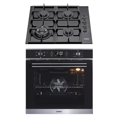 Electronice & Electrocasnice - Pachet - Cuptor Incorporabil Samus SC625GDX5, 75 L, 2000 W, Clasa A, Negru/Inox + Plita Incorporabila Samus PSG-64SG4, 4 Arzatoare Gaz, Sticla Neagra, Gratare Fonta