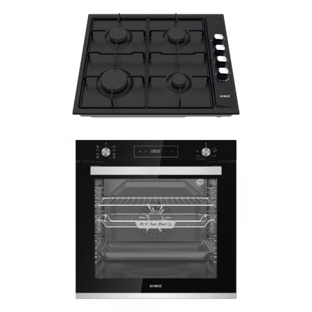 Electronice & Electrocasnice - Pachet Cuptor incorporabil Samus SCE828GCF3D + Plită gaz Samus PSG-64SB, 80L, 8 funcții, Convecție 3D, Grill, 4 arzătoare, Aprindere electrică, Negru