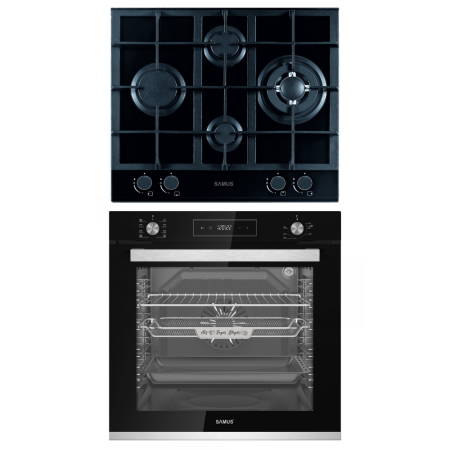 Electronice & Electrocasnice - Pachet Cuptor incorporabil Samus SCE828GCF3D + Plită gaz sticlă neagră cu WOK, 80L, Convecție 3D, Grill, 4 arzătoare, Aprindere electrică