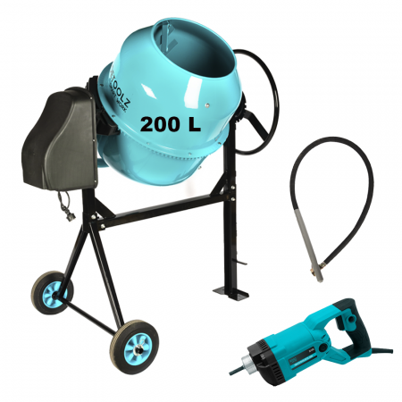 Vibratoare beton - Pachet Detoolz-Betoniera 200L, 1200W, cu roti si coroana de fonta + Vibrator pentru beton, 1200W + Lance vibrator beton 2mx35mm
