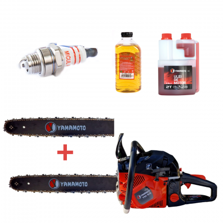 GRADINA - Pachet - Drujba pe benzina YAMAMOTO YM 5.5, 2 lame / 2 lanturi, 10000 rpm, putere 4.1 kw- 5.5 Cp, ulei amestec + ulei ungere + bujie