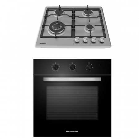 BUCATARIE - Pachet electrocasnice HEINNER - Cuptor electric HBO-M659GC-GBK Wok, 65 l, 9 functii, Ventilatie, Timer, Negru + Plită pe gaz HBH-M495IWFIX, Wok, Aprindere electrica, 60 cm, Inox
