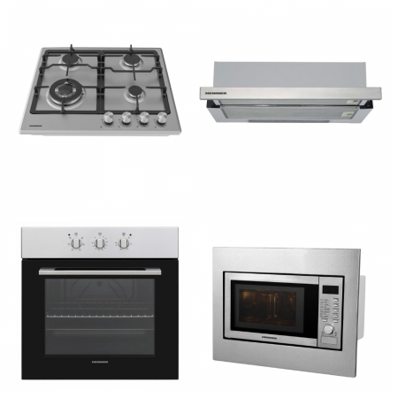Aragazuri si plite - Pachet electrocasnice incorporabile HEINNER: Plită gaz HBH-M495IWFIX, Hotă telescopică HTCH-440FS, Cuptor electric HBO-V656G-IX, Cuptor cu microunde HMW-23BI, Inox