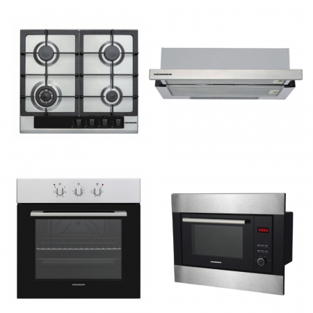 Aragazuri si plite - Pachet electrocasnice incorporabile HEINNER: Plită gaz HBH-V4IWFFCIX, Hotă telescopică HTCH-440FS, Cuptor electric HBO-V656G-IX, Cuptor cu microunde HMW-23BIXBK, Inox/Negru