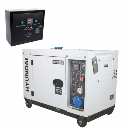 BRICOLAJ - Pachet - Generator de curent monofazat cu motor diesel insonorizat Hyundai DHY-8600SE, putere maxima 6.5 kVA, putere motor 12 CP + Automatizare ATS12-P