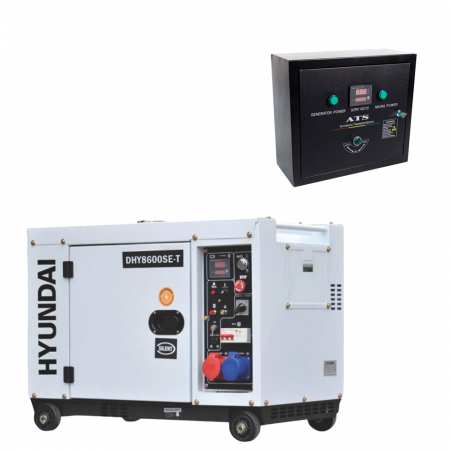 Generatoare - PACHET - Generator de curent trifazat cu motor diesel Hyundai DHY8600SE-T, putere motor 12 CP, Putere maxima 7.9 kVA, tensiune 380 / 220 V + Automatizare trifazata ATS12-3P