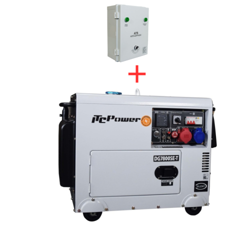 BRICOLAJ - PACHET - Generator Diesel Insonorizat, ITC Power DG7800SE-T, Full Power, 7.9 kVA / 6 kW, 230V/400V, Motor 12 CP, Pornire Electrica, AVR, Euro 5 + Panou Automatizare ATS Trifazat, 400 V, 40 A, 27.7 kVA