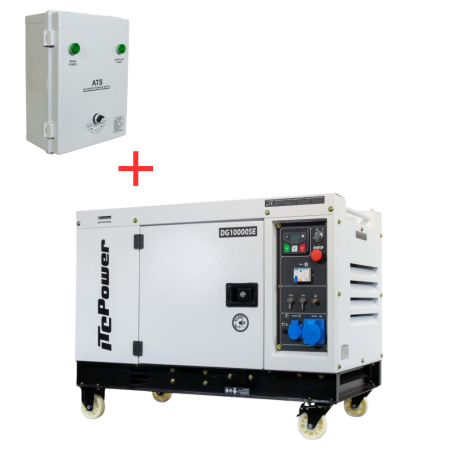 BRICOLAJ - PACHET - Generator Diesel Monofazat Insonorizat, ITC Power DG10000SE, 8.5 kW, 230V, Motor D680E 14.4 CP, AVR, Pornire Electrica, Rezervor 25 L, Euro 5 + Panou Automatizare Monofazata ATS ITC Power AC-