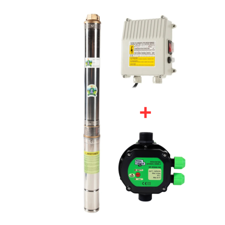 GRADINA - Pachet hidrofor - Pompa submersibila, 75QJD 1.8-54/15-0.55, 75 mm, 750 W, debit 3 mc/h + Prescontrol automat 1500 W, 10 Bari, 1 Tol