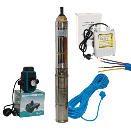 Pompe submersibile - Pachet hidrofor - Pompa submersibila DDT, 4SDM2/8 DDT-0077, 1500 W, carcasa inox-fonta, debit maxim 7000 L/h, inaltime maxim 120m + Presostat electronic inteligent digital reglabil DDT