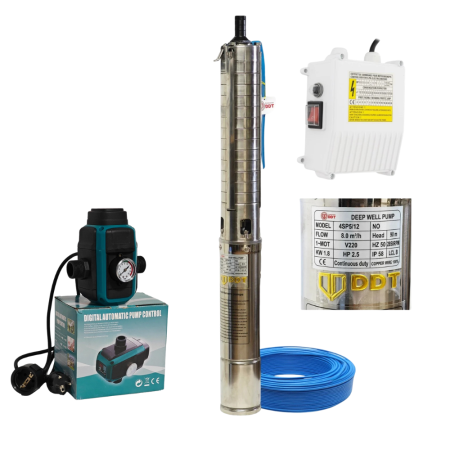 Pompe submersibile - Pachet hidrofor - Pompa submersibilă DDT 4SP5/12 – 1.8 kW, 12 turbine inox, 8 m³/h, 90 m inaltimea de refulare + Presostat electronic inteligent digital reglabil 