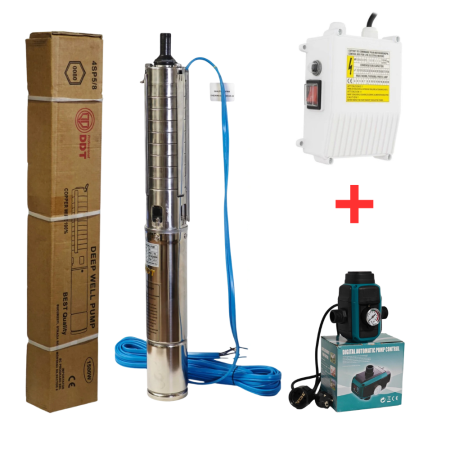GRADINA - Pachet hidrofor - Pompa submersibilă DDT 4SP5/8, 8 turbine inox, 1.5 kW, 7 m³/h, 70 m inaltimea de refulare + Presostat electronic inteligent digital reglabil
