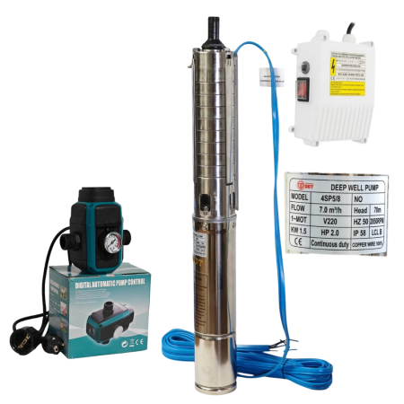 Pompe submersibile - Pachet hidrofor - Pompa submersibilă DDT 4SP5/8, 8 turbine inox, 1.5 kW, 7 m³/h, 70 m inaltimea de refulare + Presostat electronic inteligent digital reglabil