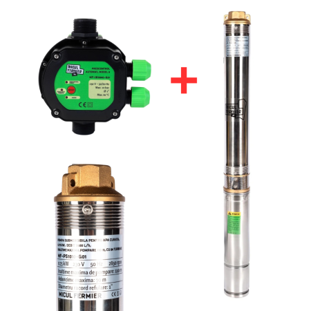 GRADINA - Pachet hidrofor - Pompa submersibila diametru 77mm, Micul Fermier, 24 turbine, 0.75KW, diametru pompa 77mm, debit 3600l/h, inaltime maxima 110m + Prescontrol automat Micul Fermier, racord 1 Tol, 1.5 k