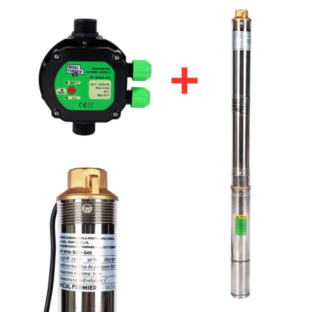 GRADINA - Pachet hidrofor - Pompa submersibila, Diametru pompa 77mm, 0.75KW, debit 3600l/h, inaltime maxima 80m, 17 turbine + Prescontrol automat Micul Fermier, racord 1 Tol, 1.5 kW