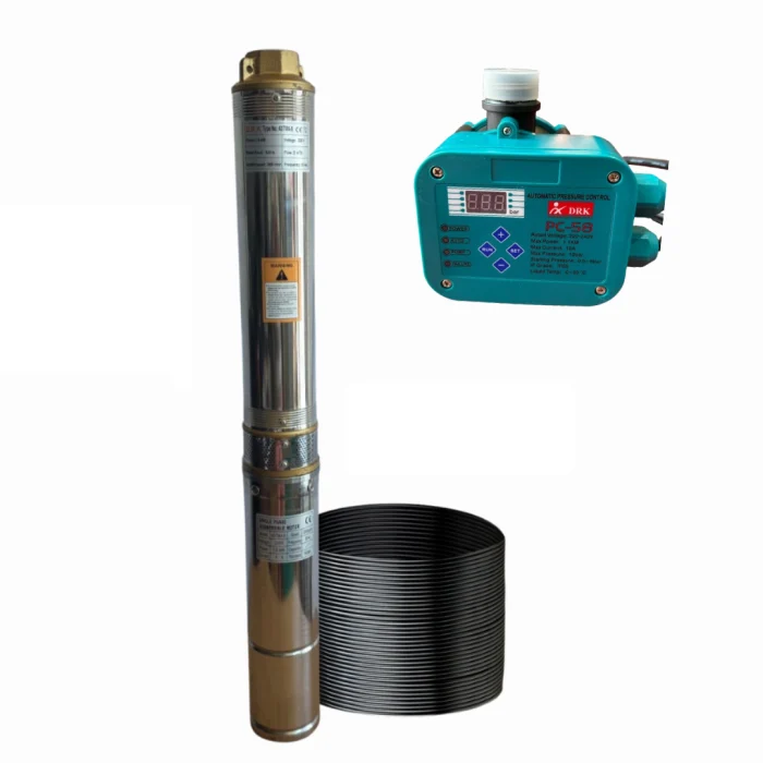 GRADINA - PACHET Hidrofor - Pompa submersibila DRK, Model 4STM4-8, putere 1.5 kW, debit 5m3/h, 8 turbine + Presostat electronic DRK, Model PC-58, 1kW, 220 V, 10 Bar