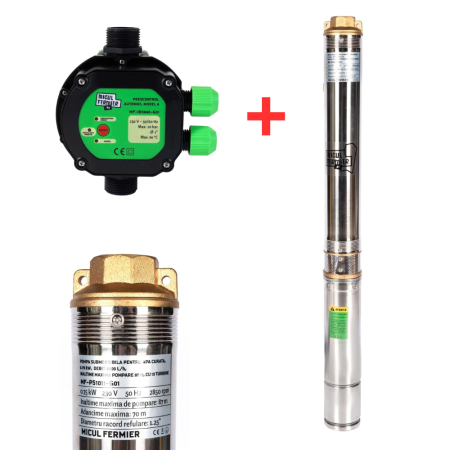 GRADINA - Pachet hidrofor - Pompa submersibila Micul Fermier,13 turbine, 0.75KW, debit 4500l/h, inaltime maxima 87m  + Prescontrol automat Micul Fermier, racord 1 Tol, 1.5 kW