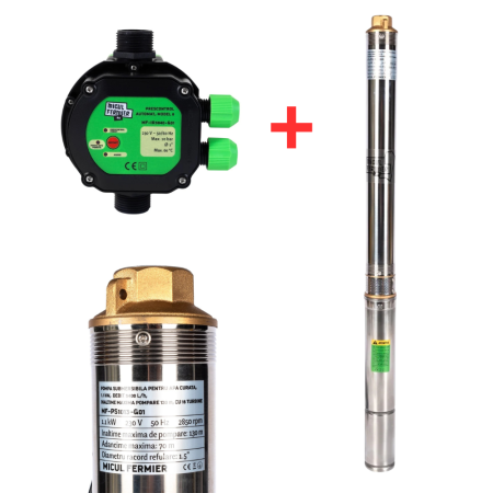 GRADINA - Pachet hidrofor - Pompa submersibila Micul Fermier, 16 turbine, 1.1KW, debit 5400l/h, inaltime maxima 130m + Prescontrol automat Micul Fermier, racord 1 Tol, 1.5 kW