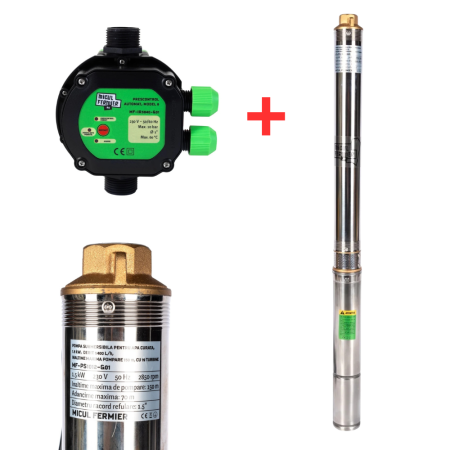 GRADINA - Pachet hidrofor - Pompa submersibila Micul Fermier, 19 turbine, 1.5KW, debit 5400l/h, inaltime maxima 150m + Prescontrol automat Micul Fermier, racord 1 Tol, 1.5 kW
