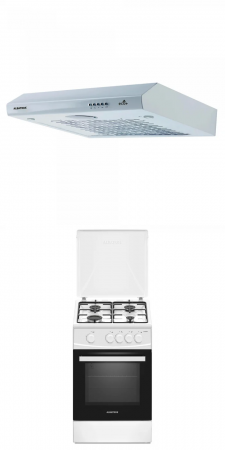 Hote Traditionale - Pachet - Hotă Albatros H10P ECO+ 186,1 m³/h, 60 cm, 44 W + Aragaz AL452ANS 50 cm, 4 arzătoare, cuptor pe gaz, geam dublu, Diuze GPL + Gaz natural, alb
