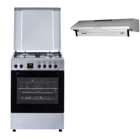Electronice & Electrocasnice - Pachet- Hota clasica Samus SM62S Eco+, 2 motoare, 94 W, tehnologie Eco + Aragaz electric / gaz Samus SM663AENS Inox, 4 arzatoare pe gaz, 1 arzator Wok, cuptor electric, 7 functii, grill, ventilator