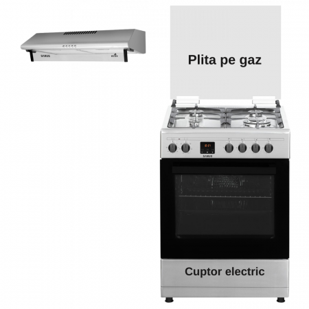 Hote Traditionale - Pachet- Hota clasica Samus SM62S Eco+, 2 motoare, 94 W, tehnologie Eco+ Aragaz electric / gaz Samus SM663AENS Inox, 4 arzatoare pe gaz, 1 arzator Wok, cuptor electric, 7 functii, grill, ventilator
