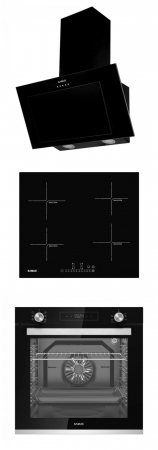 Hote Telescopice - Pachet-Hota decorativa inclinata Samus HSI635DLB, latime 60 cm, Neagra+ Plita incorporabila inductie Samus PSI-64BG7, 9 trepte,Neagra+Cuptor incorporabil Samus SCE8171BGV, 7 functii, Negru